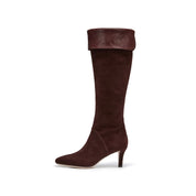 Brown Suede Fold-Over Cuff Spool Heel Knee-High Boots