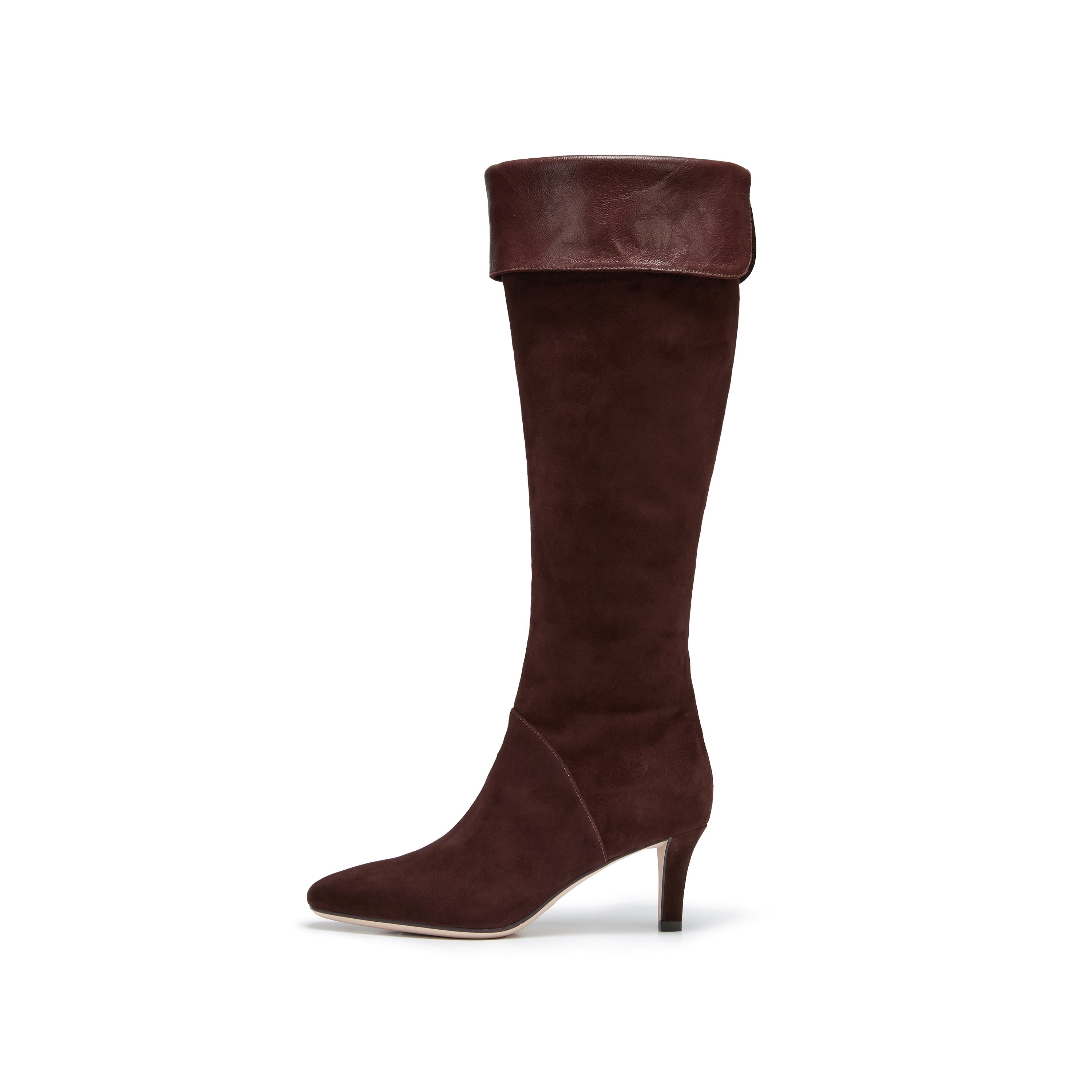 Brown Suede Fold-Over Cuff Spool Heel Knee-High Boots