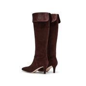 Brown Suede Fold-Over Cuff Spool Heel Knee-High Boots