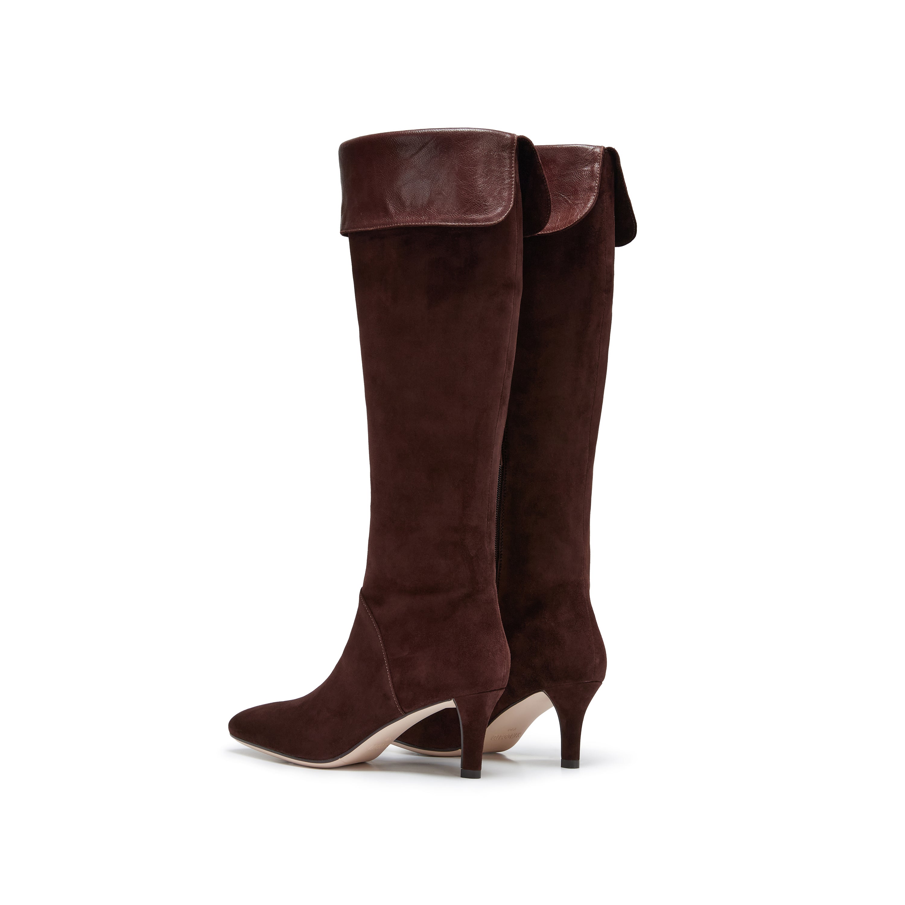 Brown Suede Fold-Over Cuff Spool Heel Knee-High Boots
