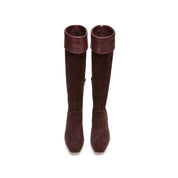 Brown Suede Fold-Over Cuff Spool Heel Knee-High Boots