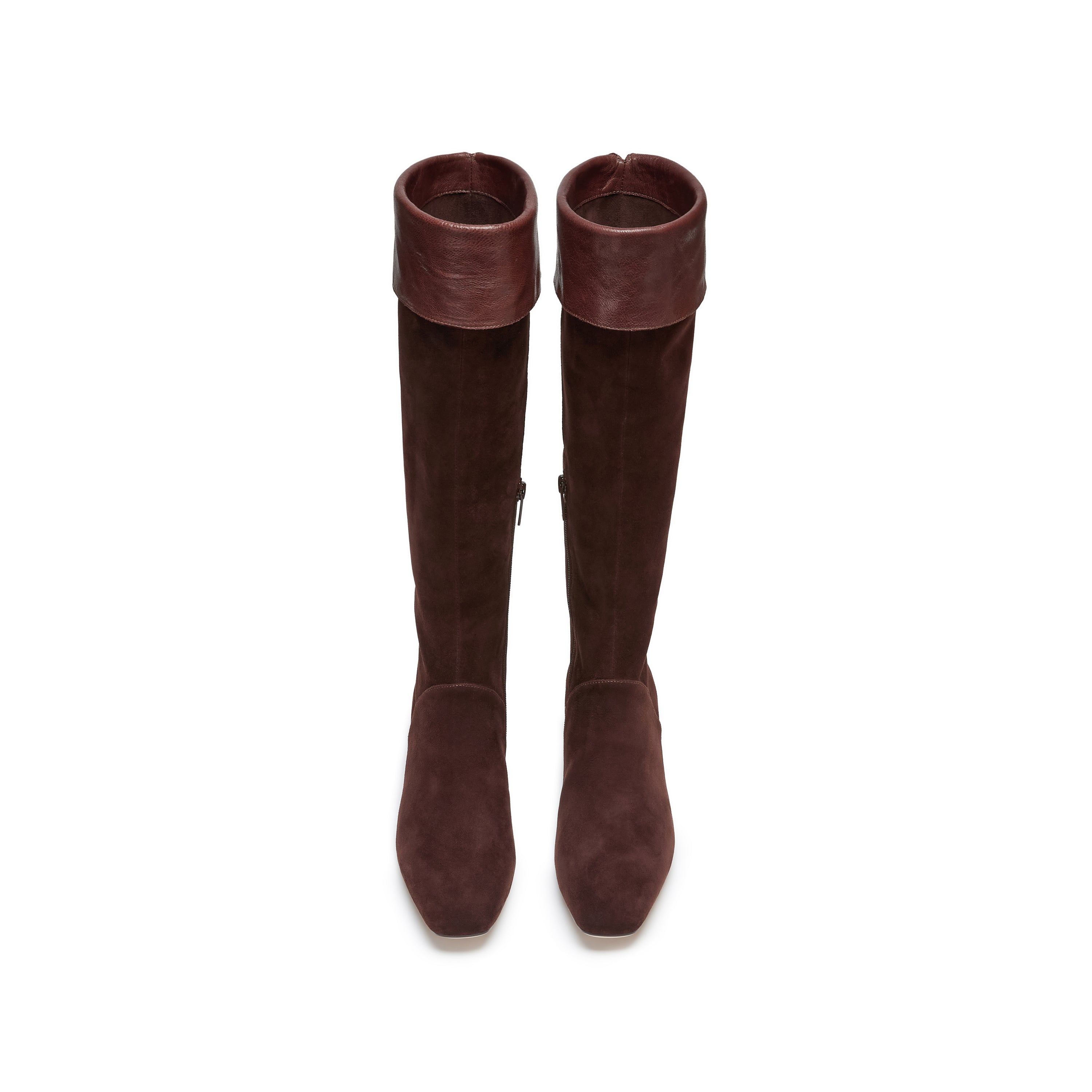Brown Suede Fold-Over Cuff Spool Heel Knee-High Boots