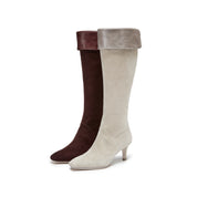 Brown Suede Fold-Over Cuff Spool Heel Knee-High Boots