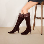 Brown Suede Fold-Over Cuff Spool Heel Knee-High Boots