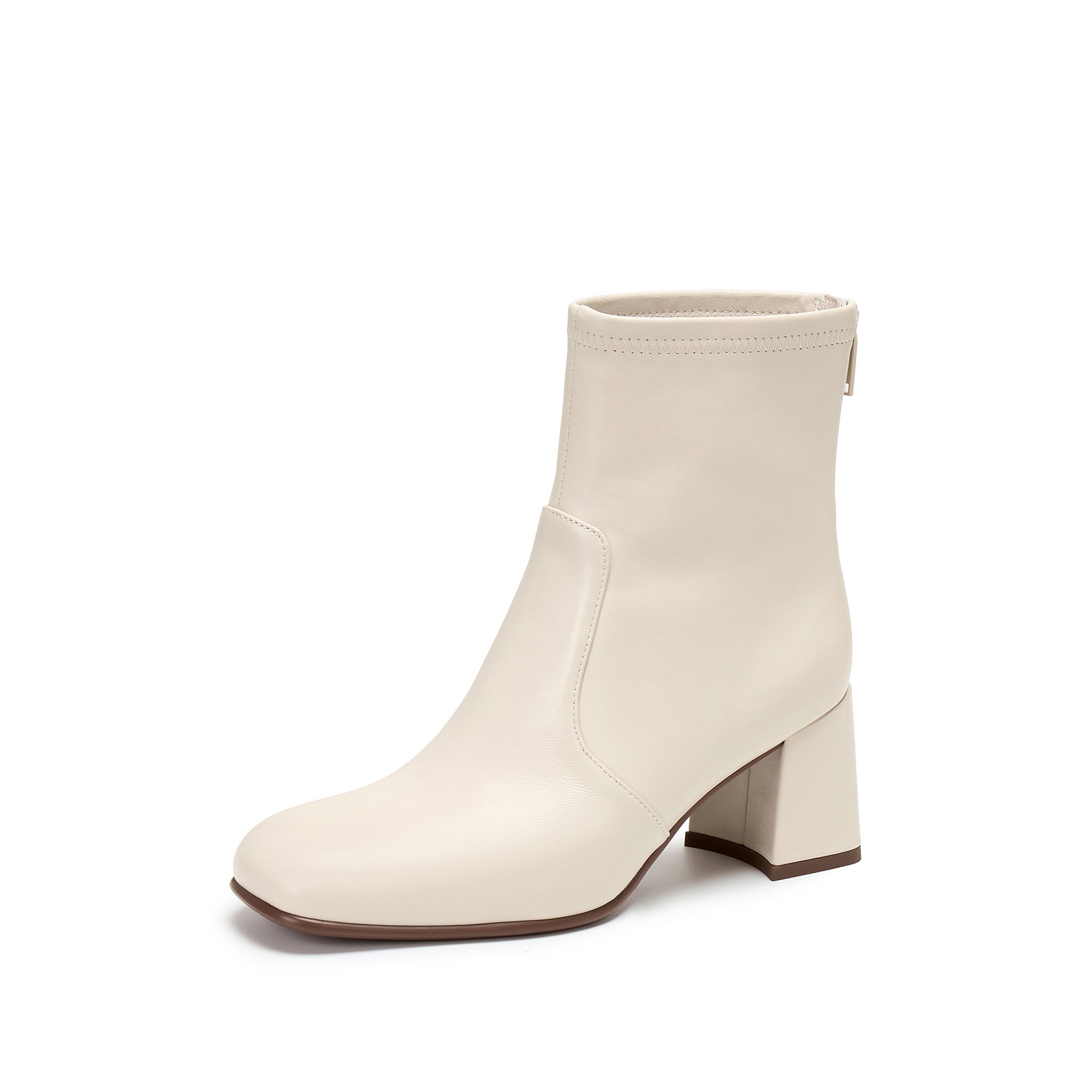 Beige Leather Square-Toe Block-Heel Stretch Ankle Boots