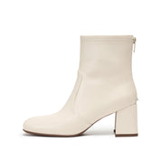 Beige Leather Square-Toe Block-Heel Stretch Ankle Boots