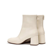 Beige Leather Square-Toe Block-Heel Stretch Ankle Boots