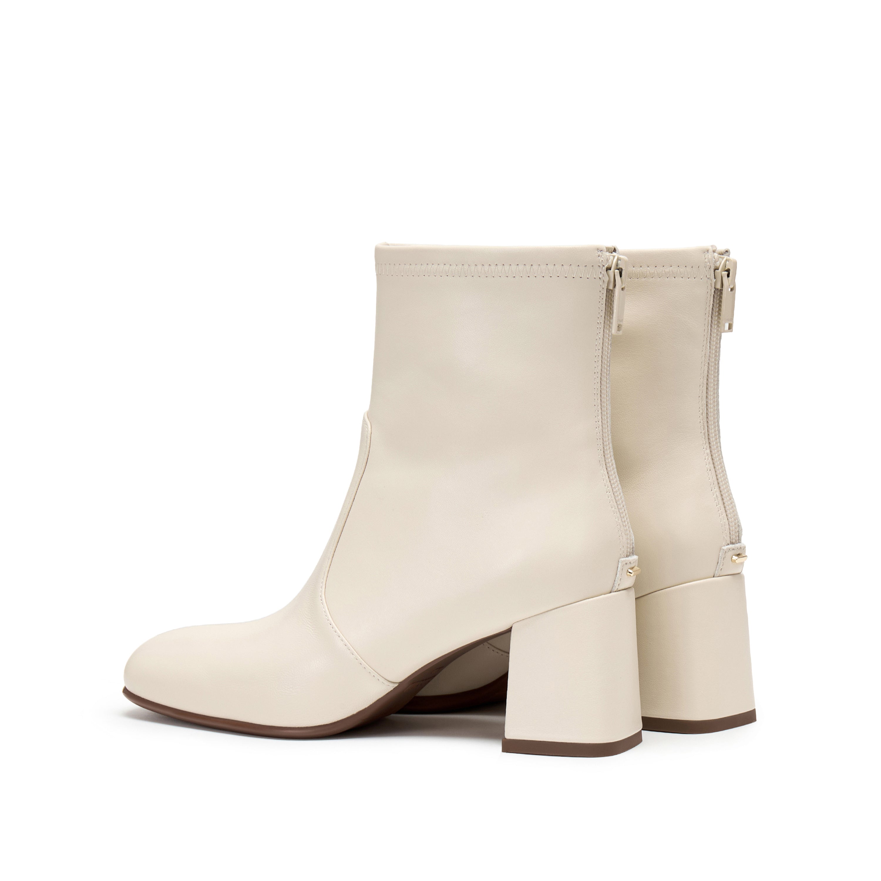 Beige Leather Square-Toe Block-Heel Stretch Ankle Boots