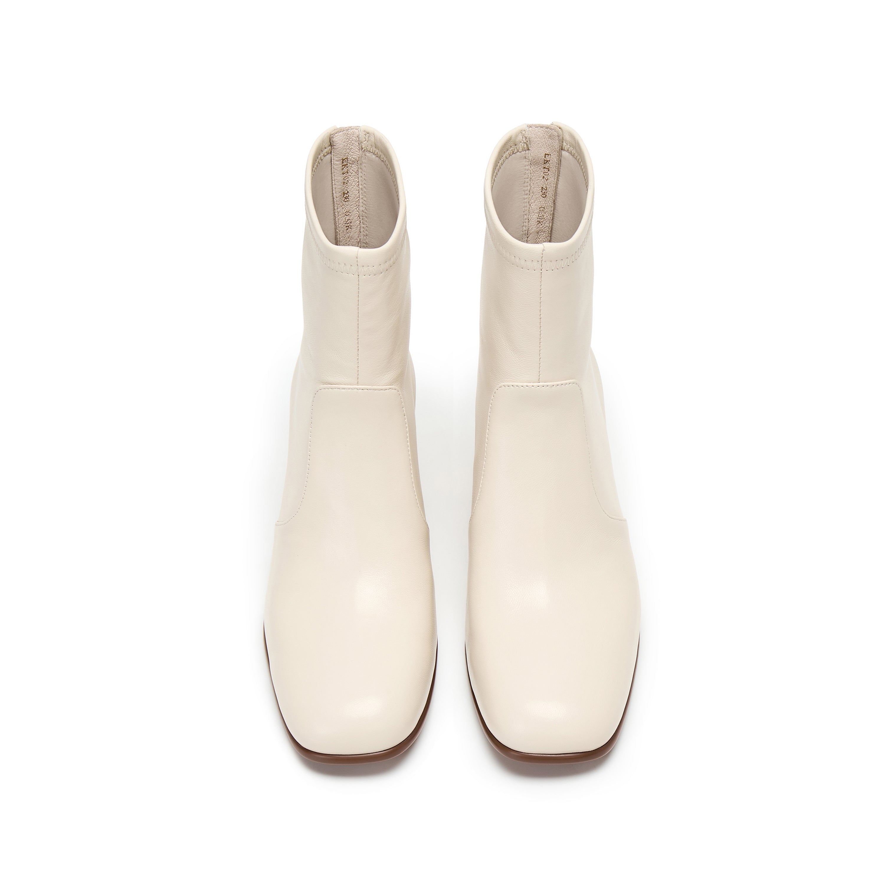 Beige Leather Square-Toe Block-Heel Stretch Ankle Boots