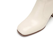 Beige Leather Square-Toe Block-Heel Stretch Ankle Boots