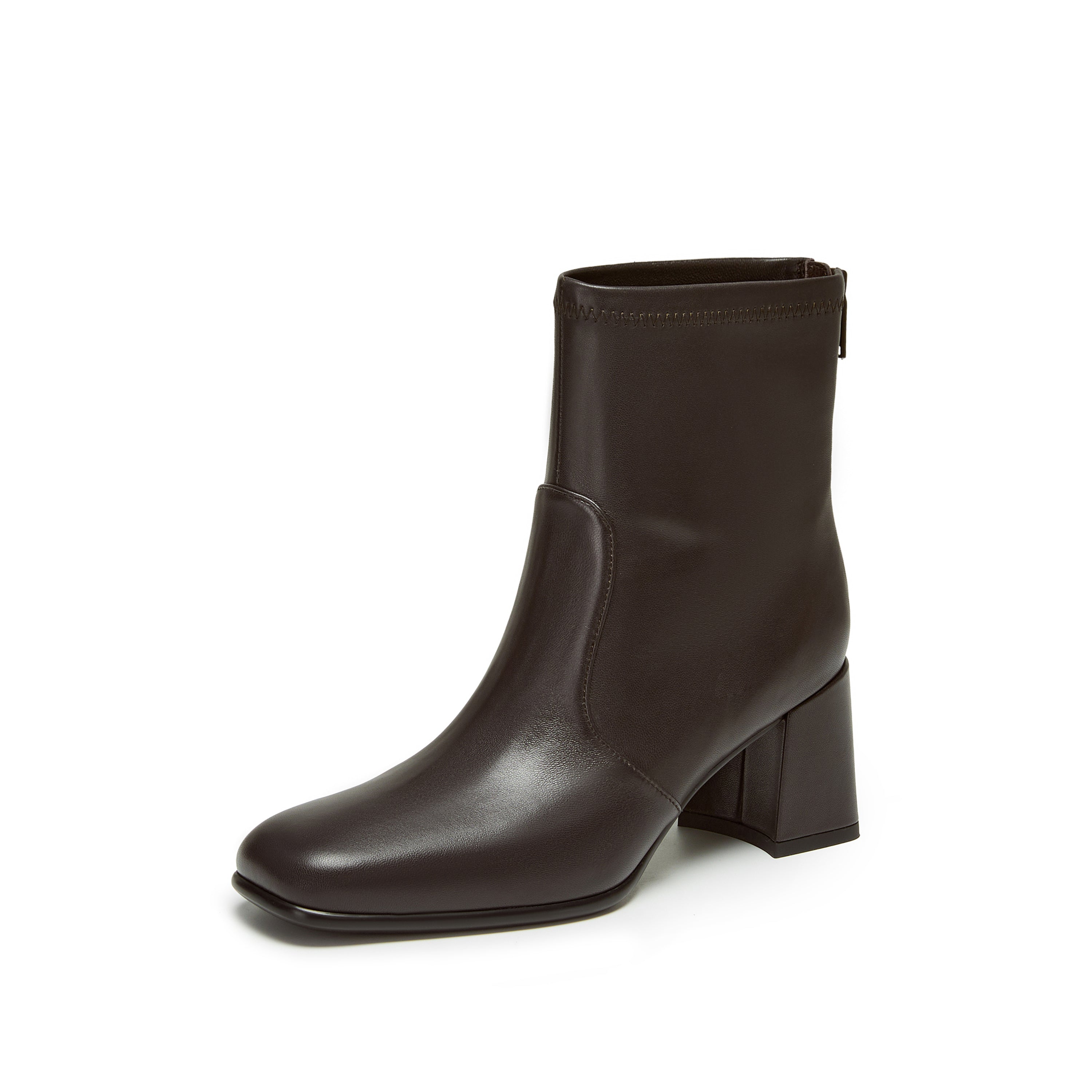 Dark Brown Leather Square-Toe Block-Heel Stretch Ankle Boots