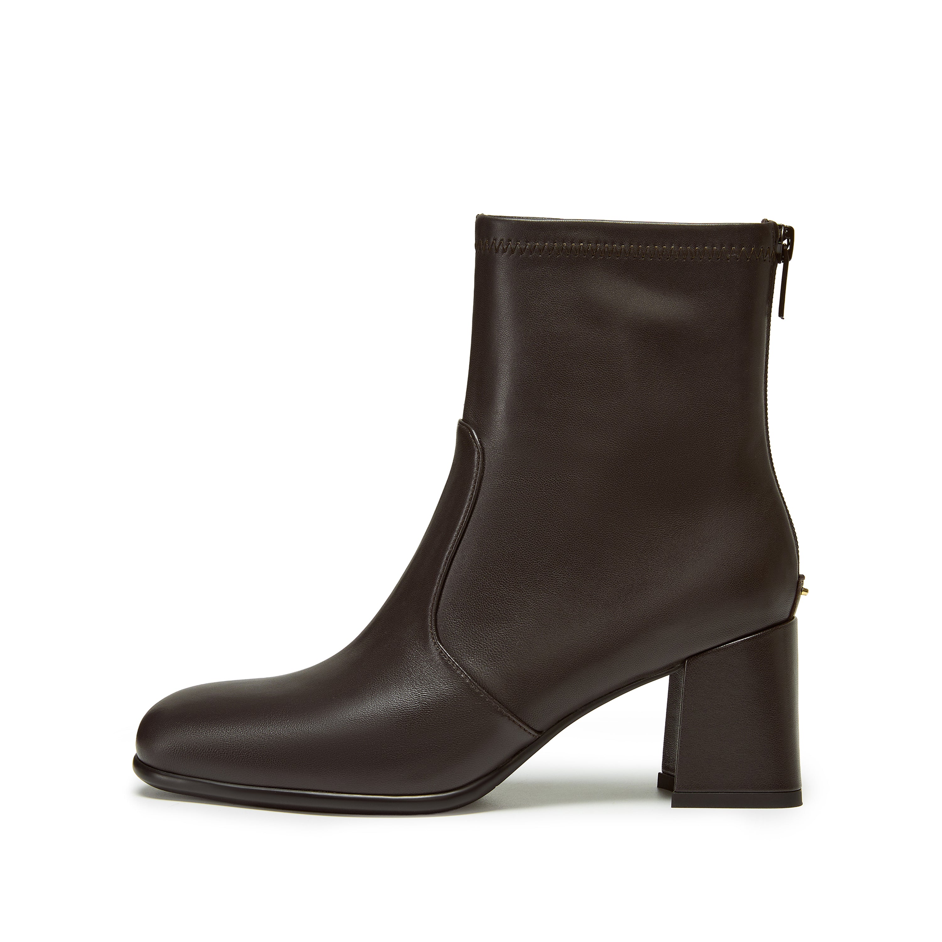 Dark Brown Leather Square-Toe Block-Heel Stretch Ankle Boots