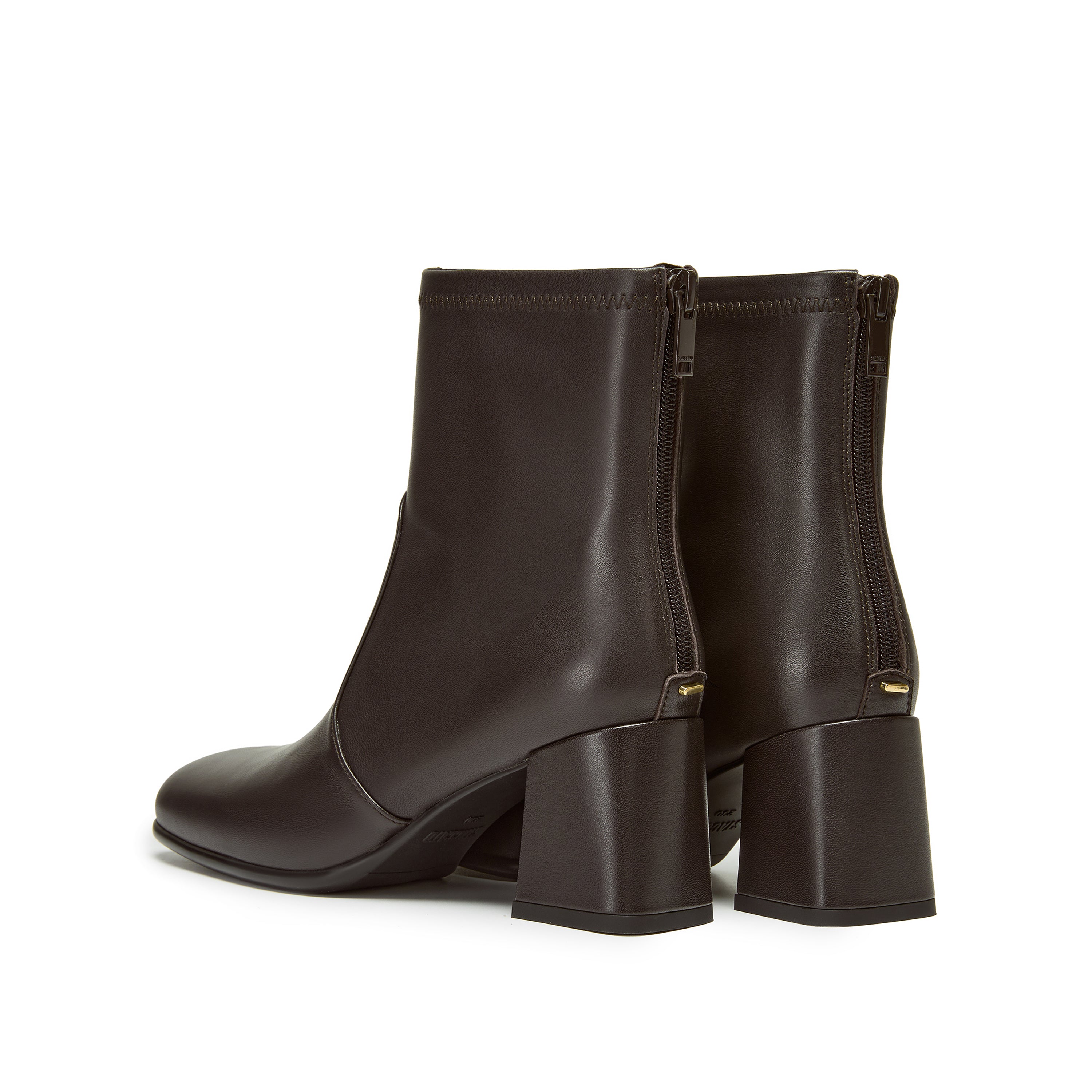 Dark Brown Leather Square-Toe Block-Heel Stretch Ankle Boots