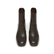 Dark Brown Leather Square-Toe Block-Heel Stretch Ankle Boots