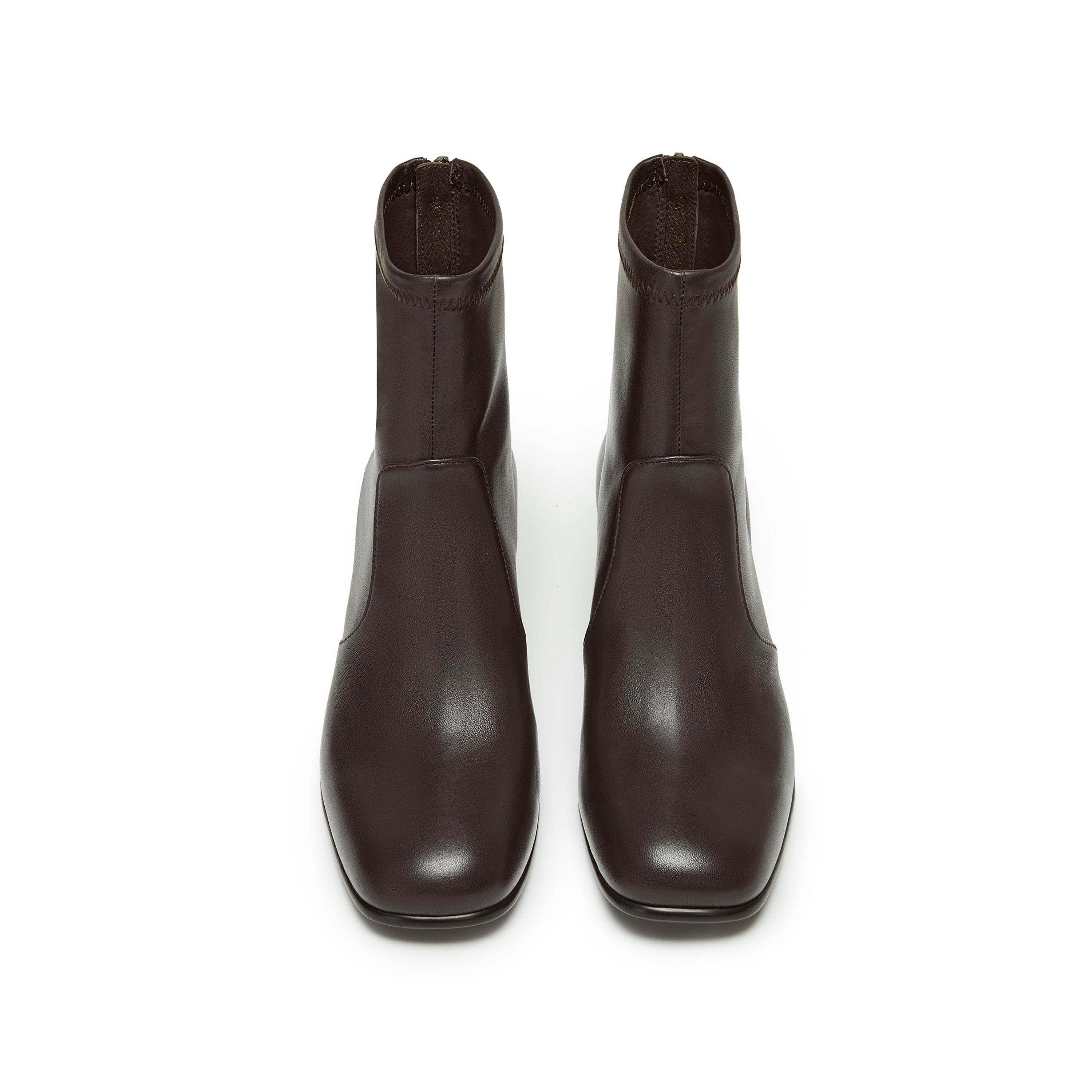 Dark Brown Leather Square-Toe Block-Heel Stretch Ankle Boots