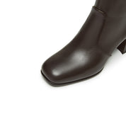 Dark Brown Leather Square-Toe Block-Heel Stretch Ankle Boots
