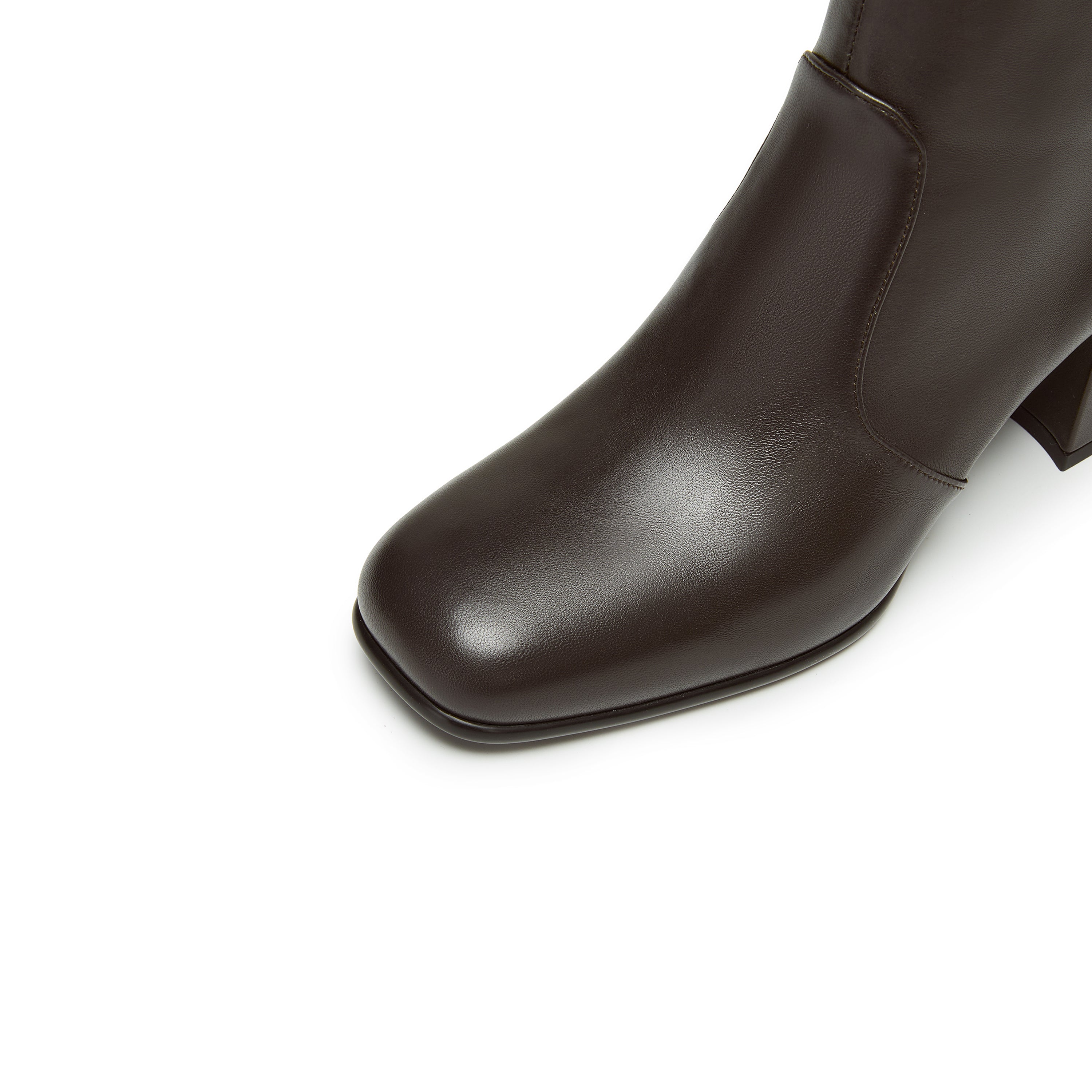 Dark Brown Leather Square-Toe Block-Heel Stretch Ankle Boots