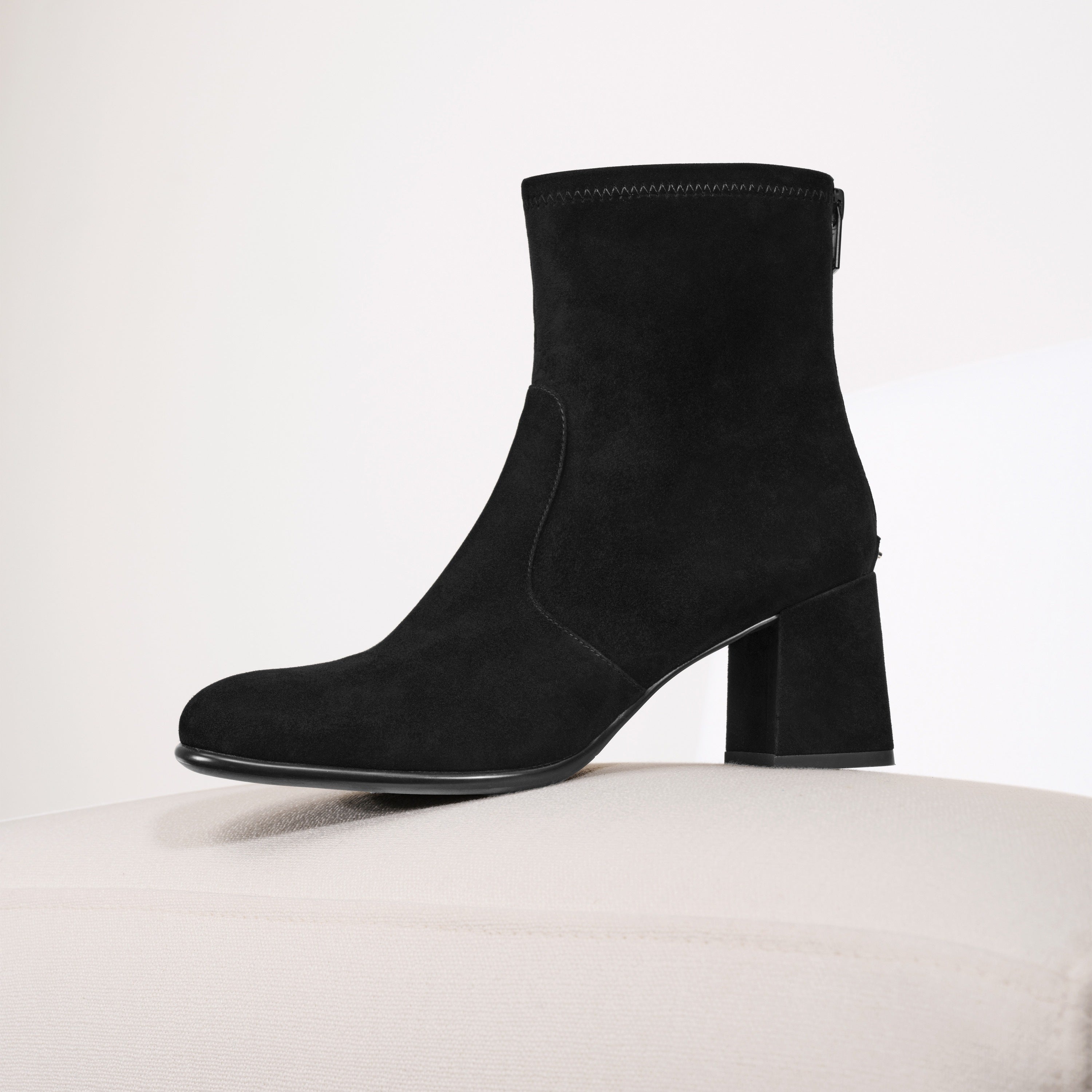 Dark Brown Leather Square-Toe Block-Heel Stretch Ankle Boots