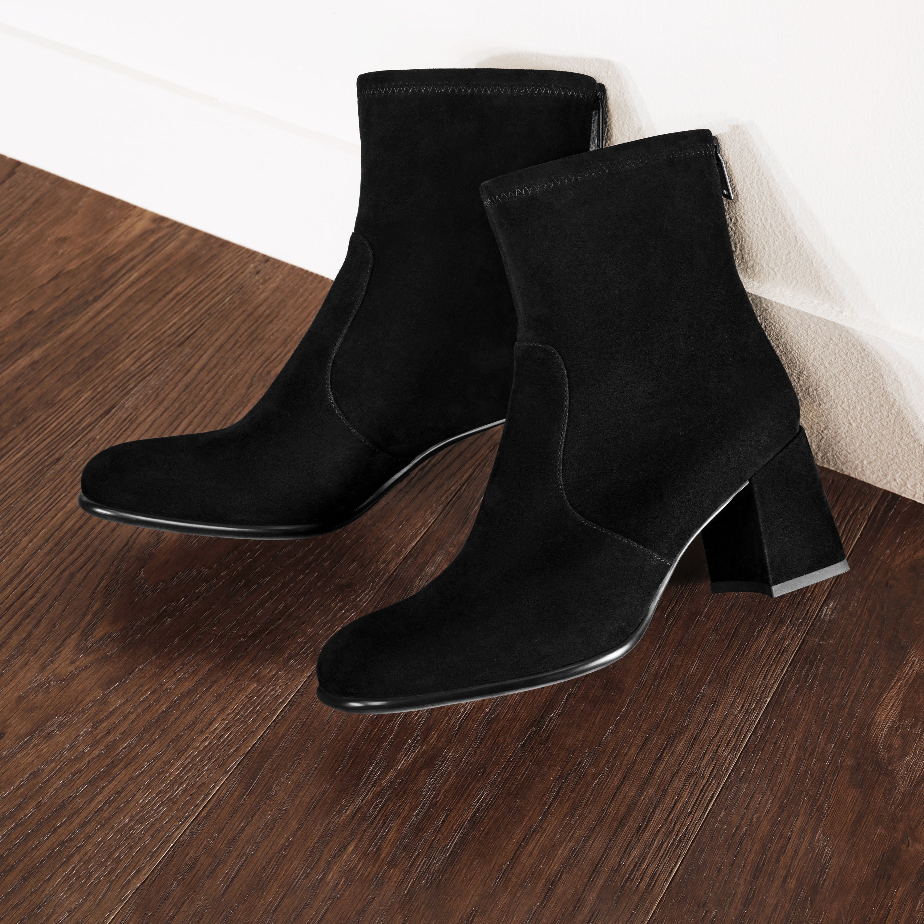 Dark Brown Leather Square-Toe Block-Heel Stretch Ankle Boots