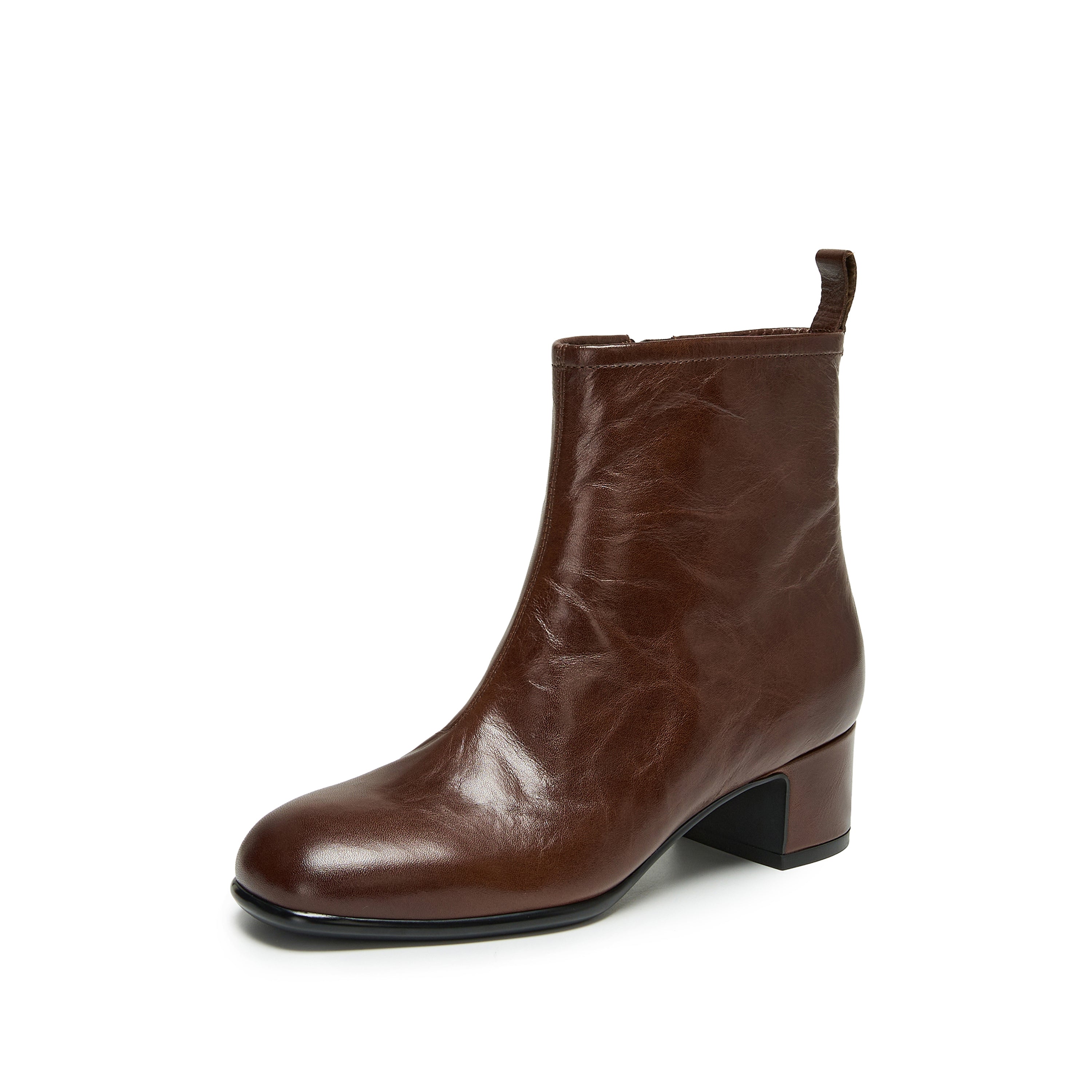 Brown Waxed Leather Square-Toe Block Heel Ankle Boots