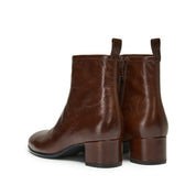 Brown Waxed Leather Square-Toe Block Heel Ankle Boots