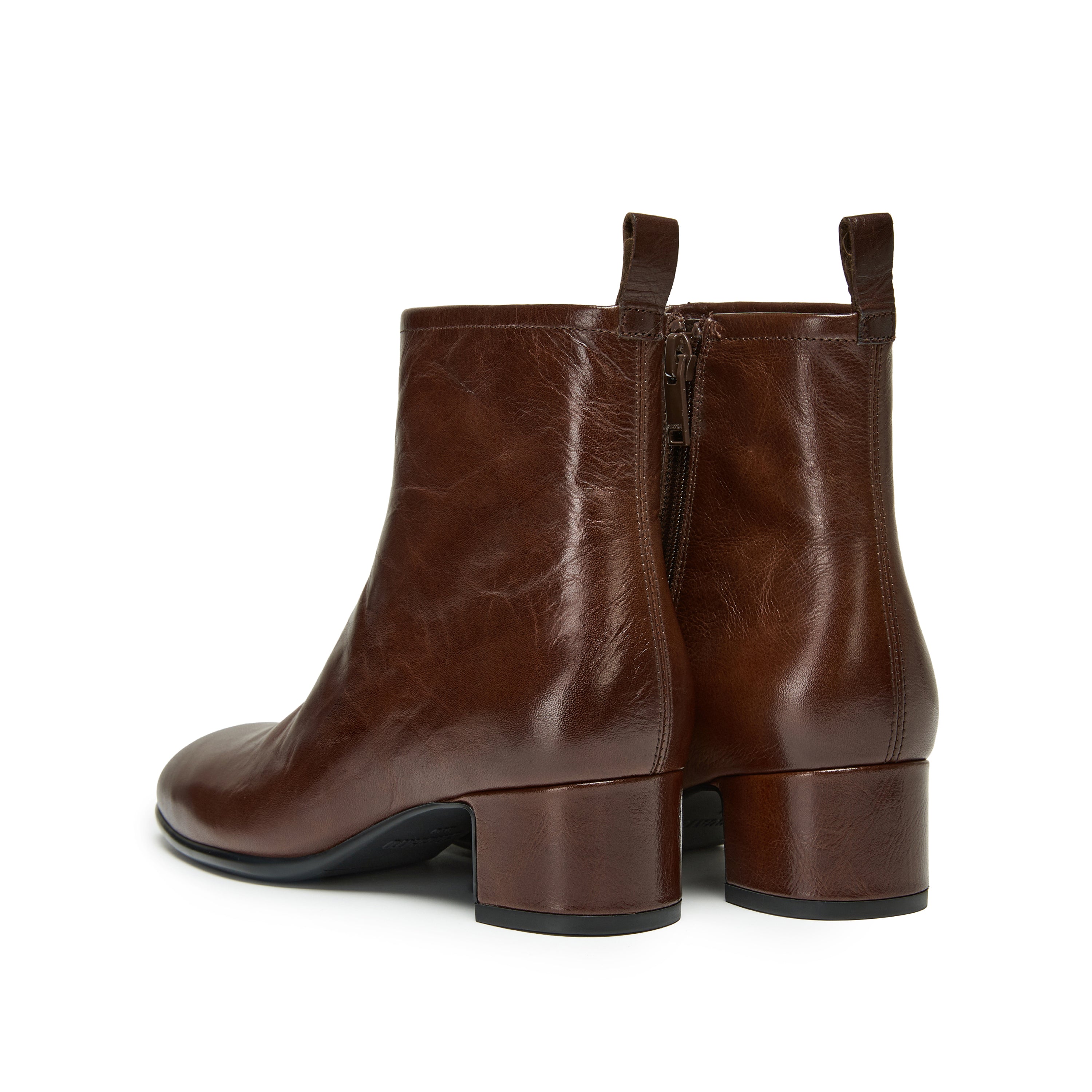 Brown Waxed Leather Square-Toe Block Heel Ankle Boots