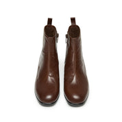 Brown Waxed Leather Square-Toe Block Heel Ankle Boots