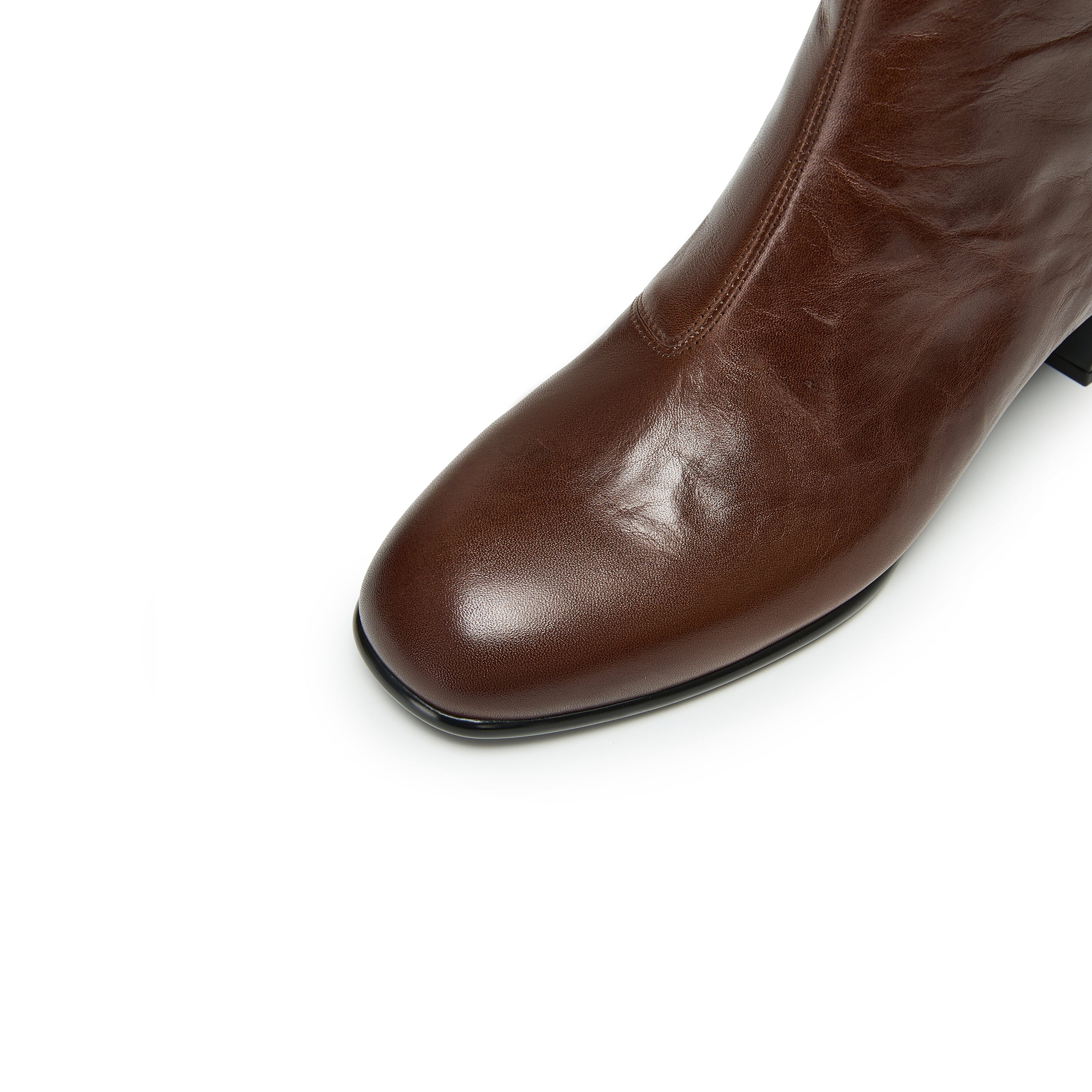 Brown Waxed Leather Square-Toe Block Heel Ankle Boots
