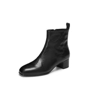 Black Waxed Leather Square-Toe Block Heel Ankle Boots