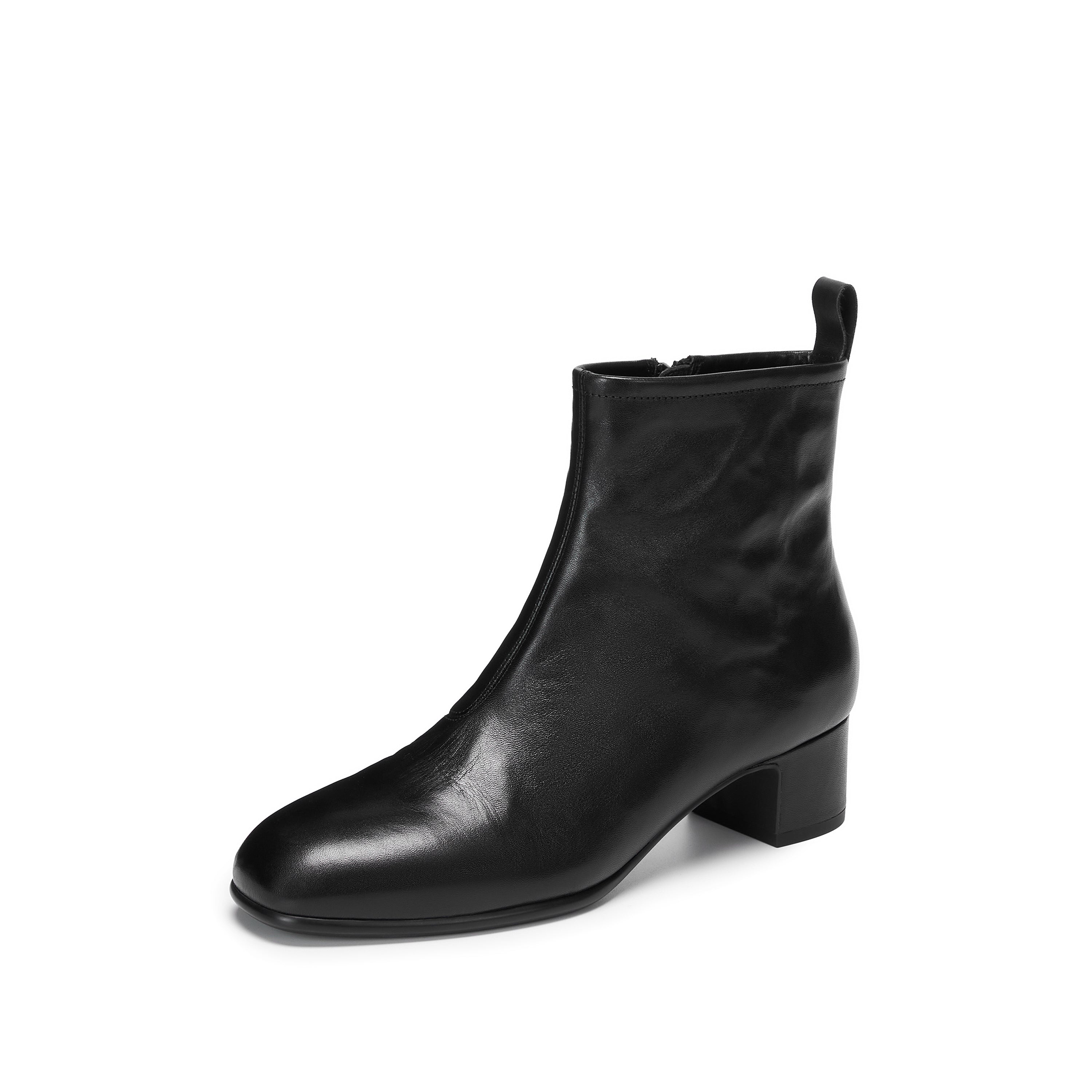 Black Waxed Leather Square-Toe Block Heel Ankle Boots