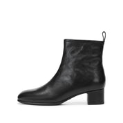 Black Waxed Leather Square-Toe Block Heel Ankle Boots