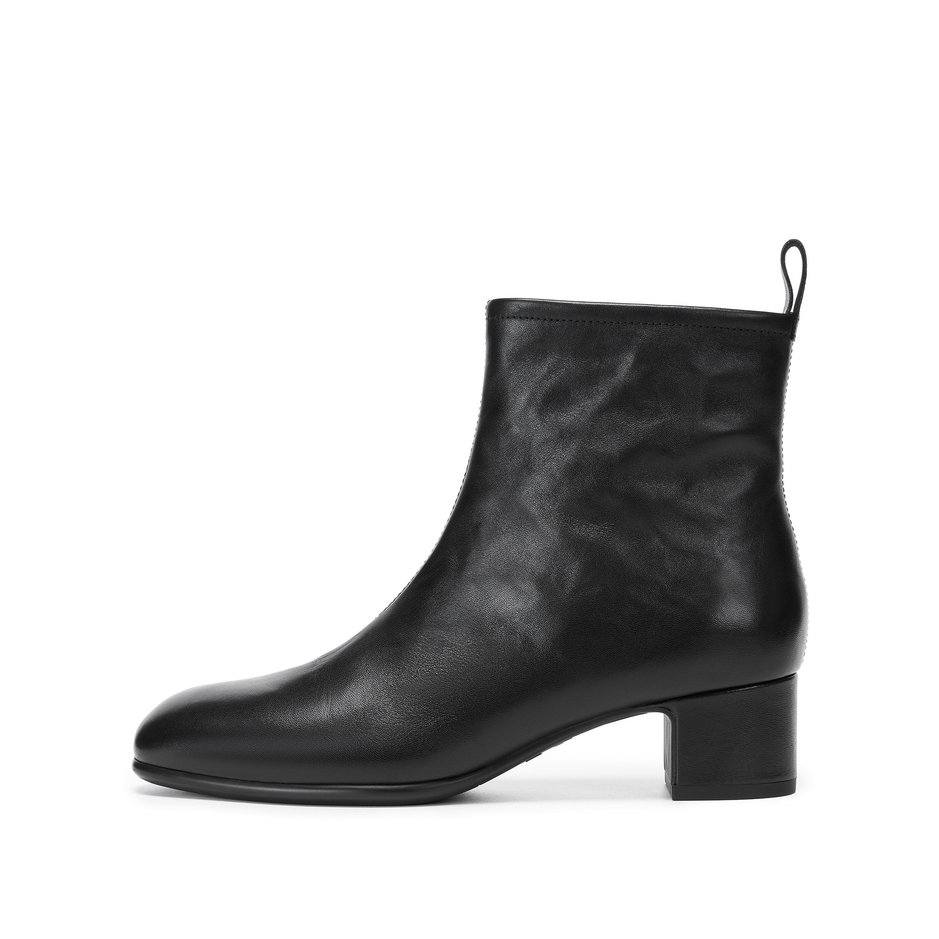 Black Waxed Leather Square-Toe Block Heel Ankle Boots