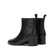 Black Waxed Leather Square-Toe Block Heel Ankle Boots