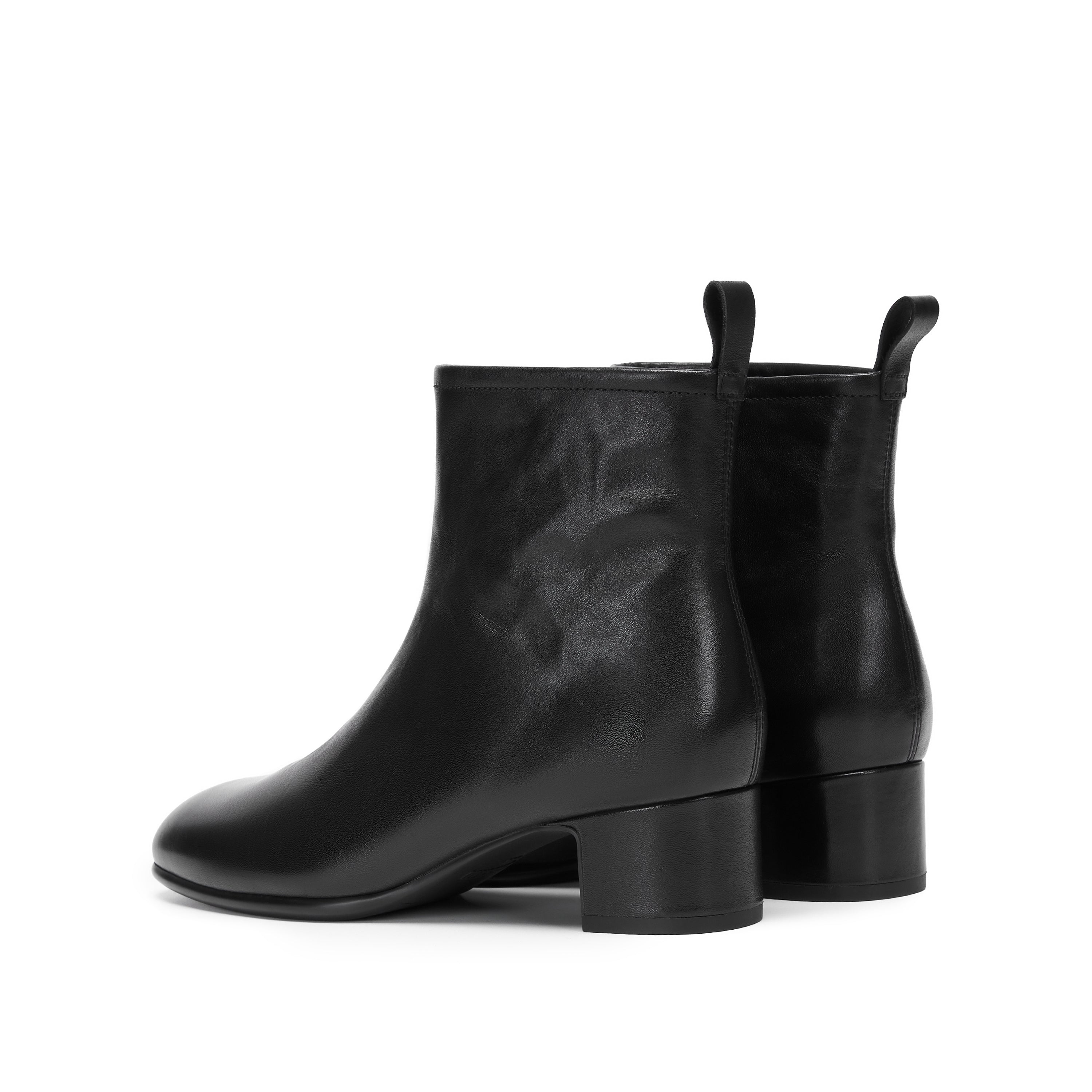 Black Waxed Leather Square-Toe Block Heel Ankle Boots