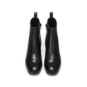Black Waxed Leather Square-Toe Block Heel Ankle Boots