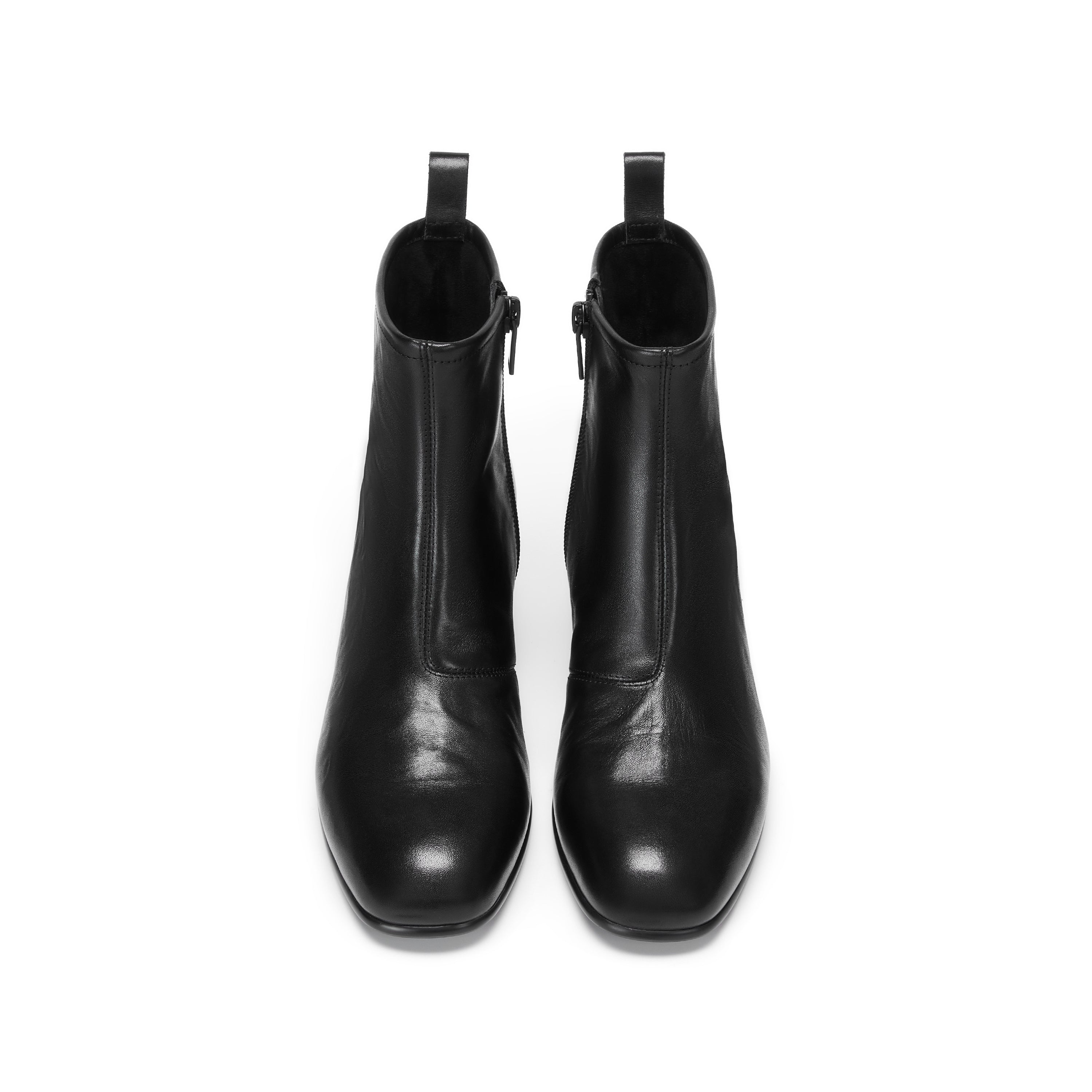 Black Waxed Leather Square-Toe Block Heel Ankle Boots