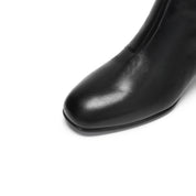 Black Waxed Leather Square-Toe Block Heel Ankle Boots