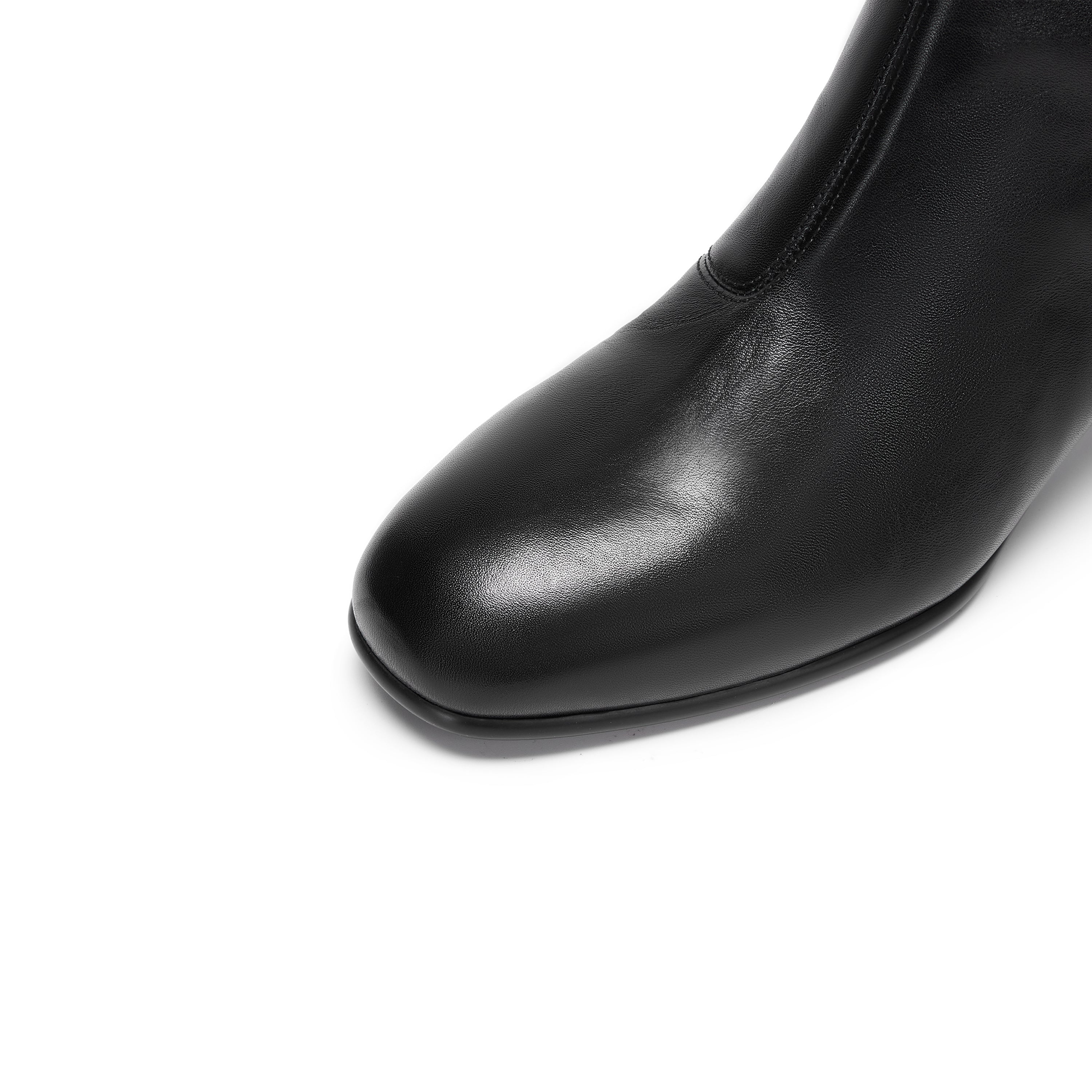 Black Waxed Leather Square-Toe Block Heel Ankle Boots
