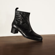 Black Waxed Leather Square-Toe Block Heel Ankle Boots