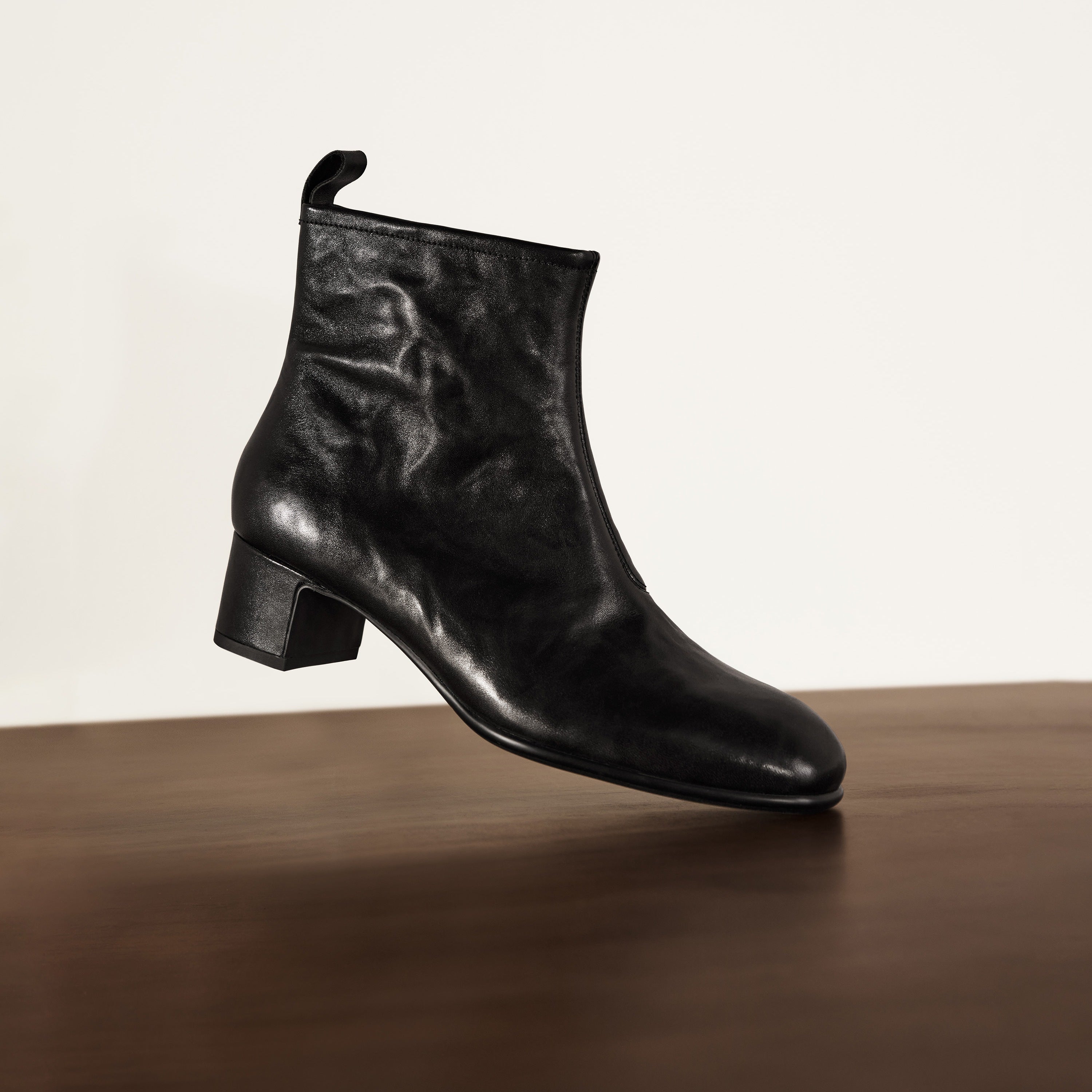 Black Waxed Leather Square-Toe Block Heel Ankle Boots