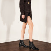 Black Waxed Leather Square-Toe Block Heel Ankle Boots