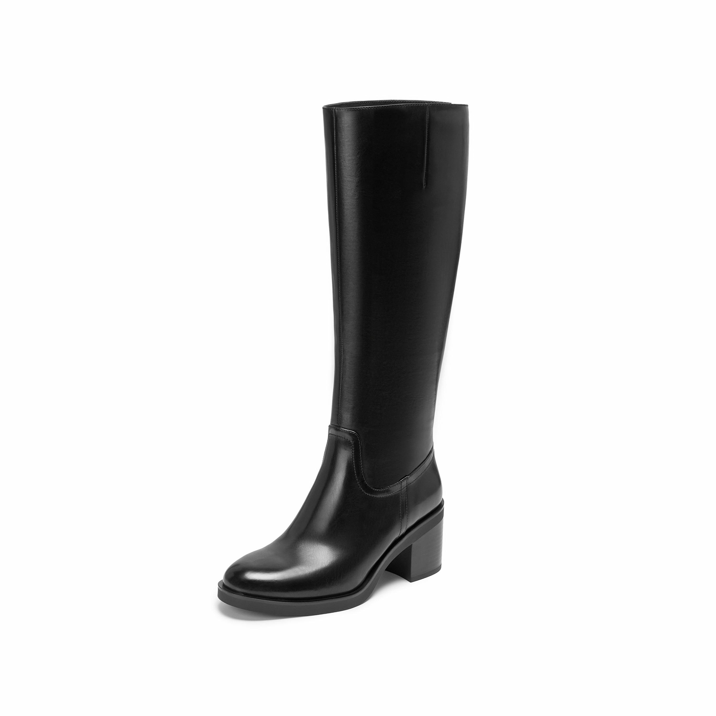 Smooth Leather Round-Toe Back-Zip Block Heel Knee-High Boots