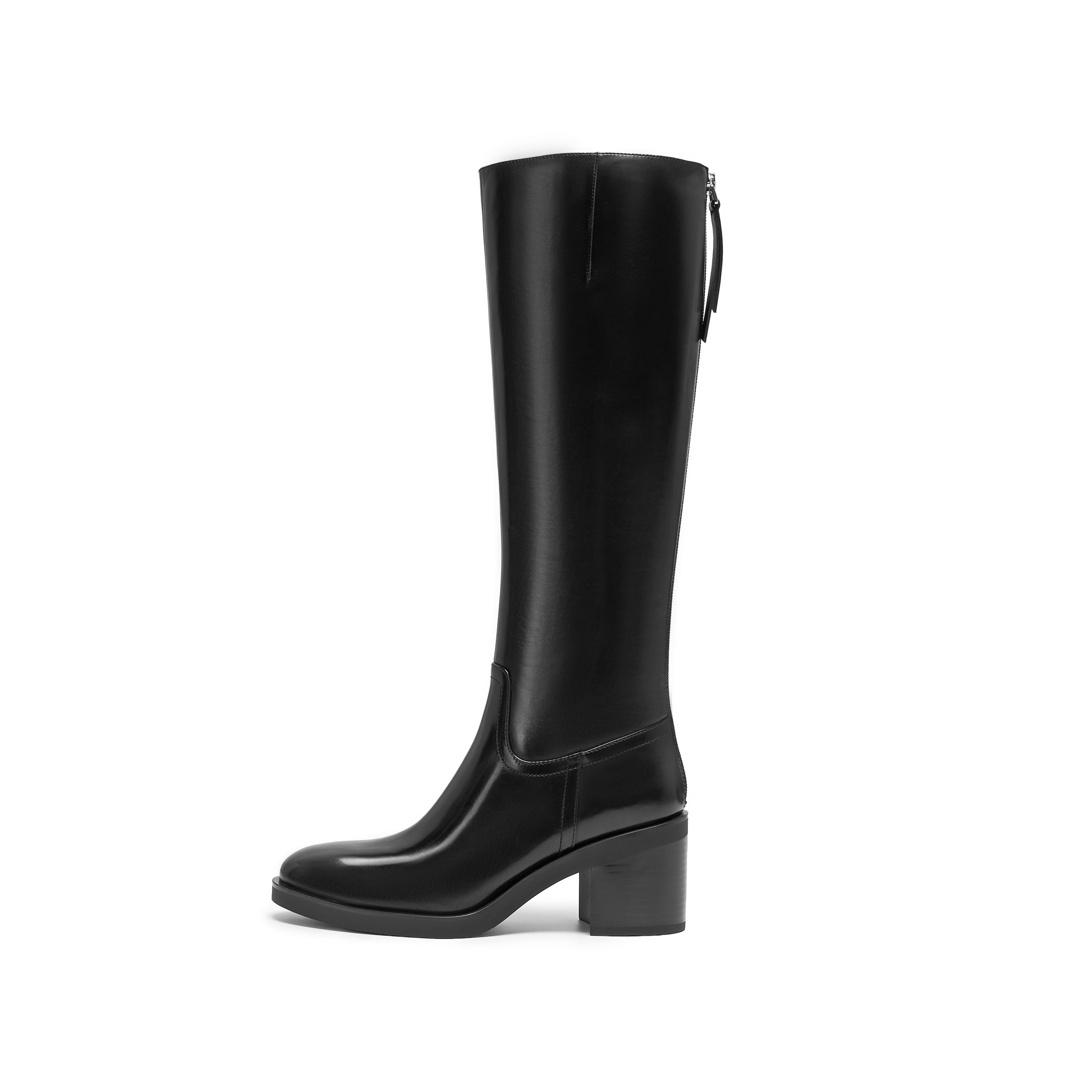 Smooth Leather Round-Toe Back-Zip Block Heel Knee-High Boots