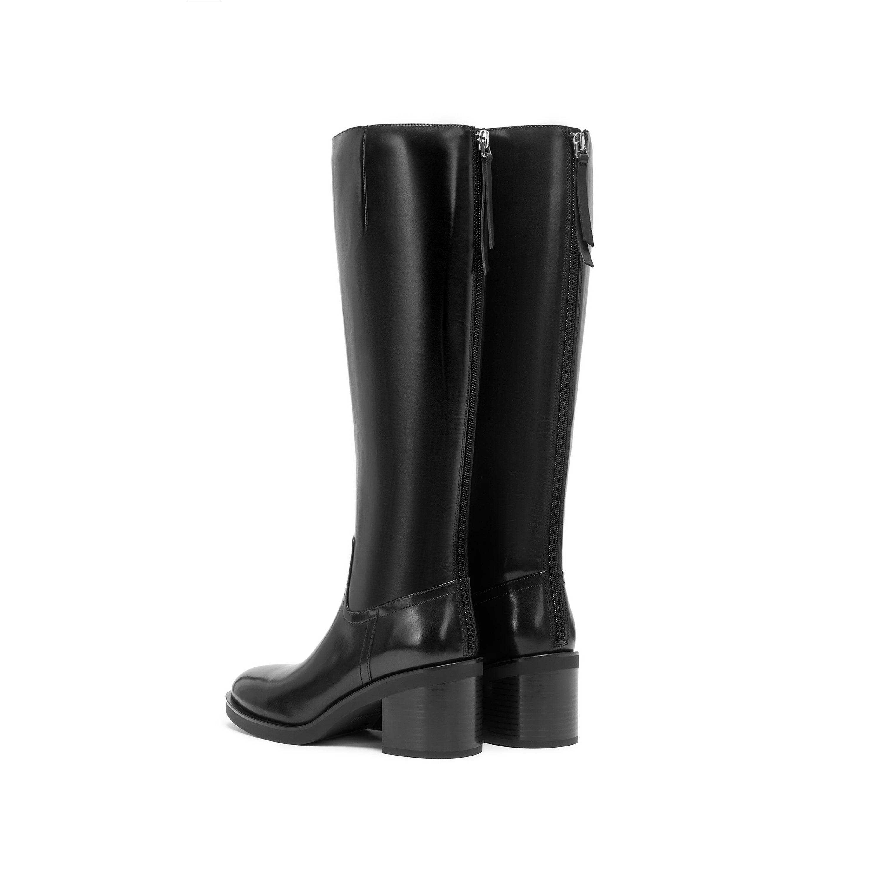 Smooth Leather Round-Toe Back-Zip Block Heel Knee-High Boots