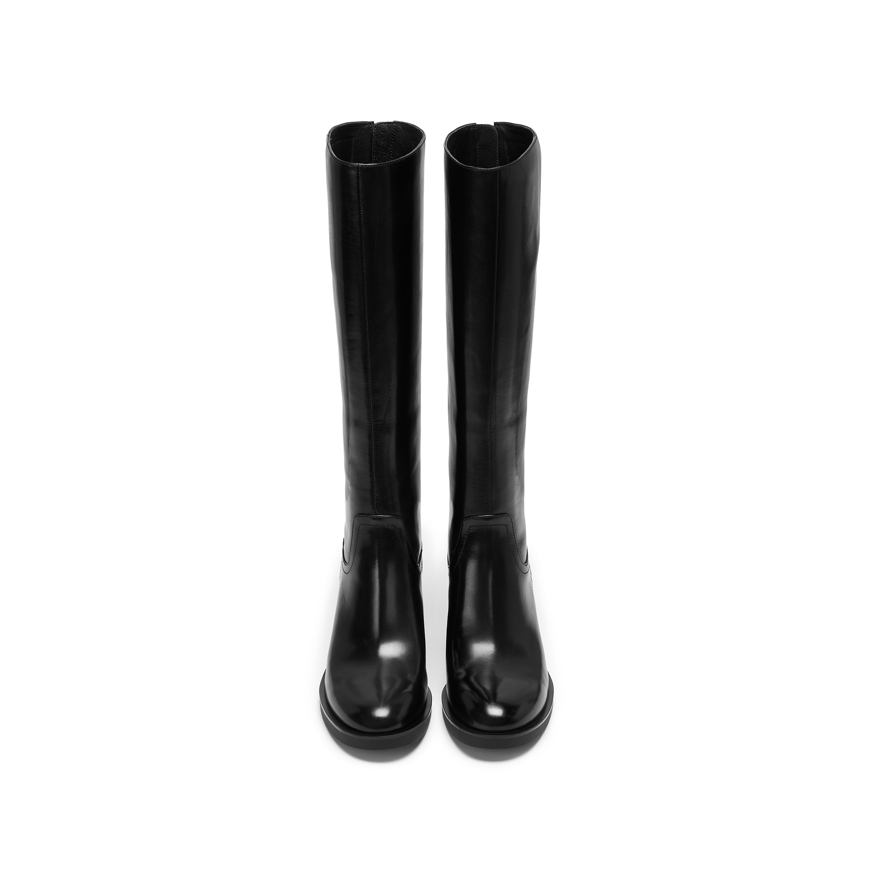Smooth Leather Round-Toe Back-Zip Block Heel Knee-High Boots