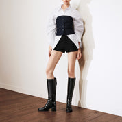 Smooth Leather Round-Toe Back-Zip Block Heel Knee-High Boots