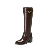 Dark Brown Leather Oval Buckle Block Heel Riding Boots