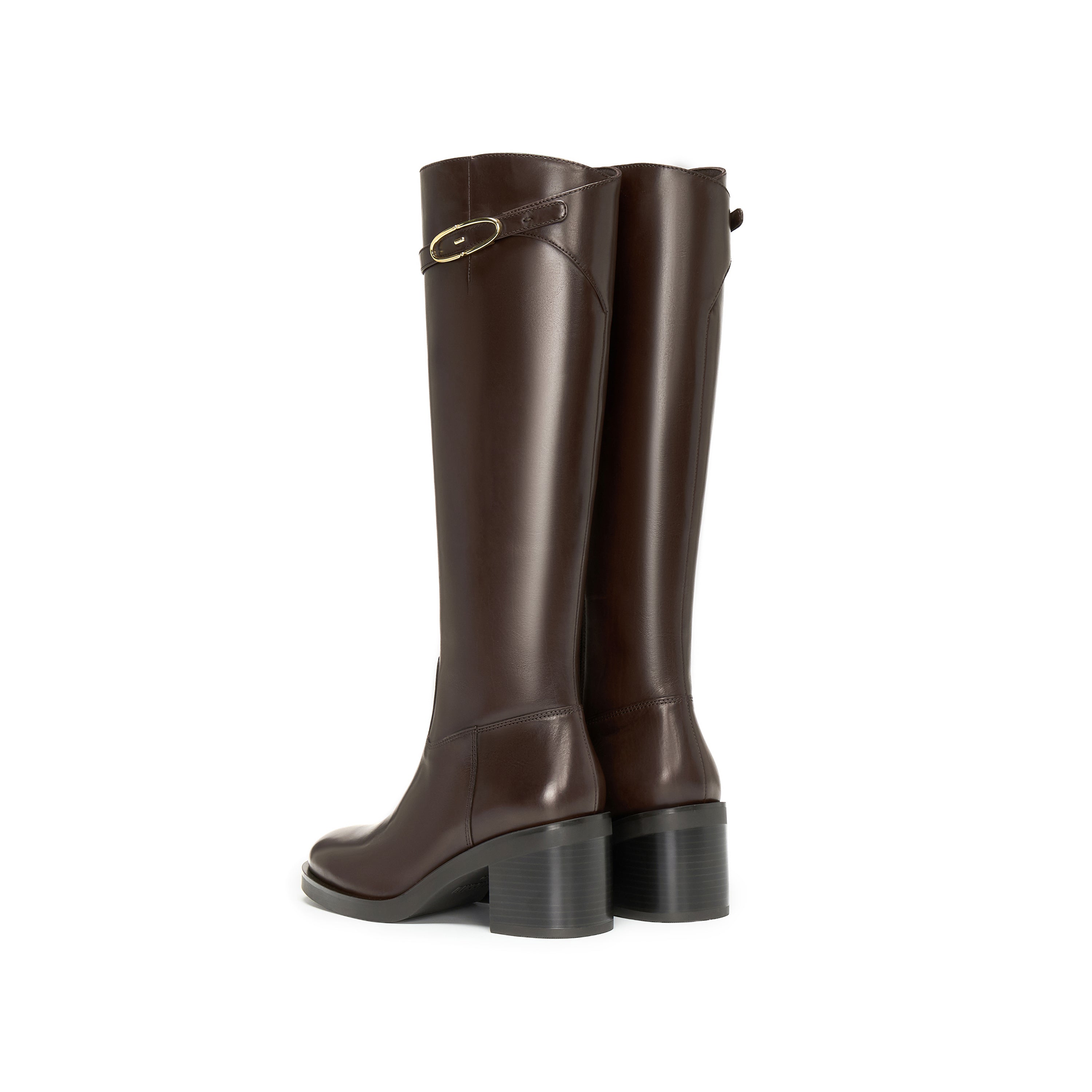 Dark Brown Leather Oval Buckle Block Heel Riding Boots