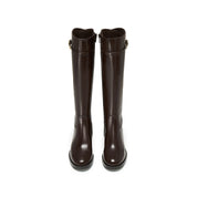 Dark Brown Leather Oval Buckle Block Heel Riding Boots