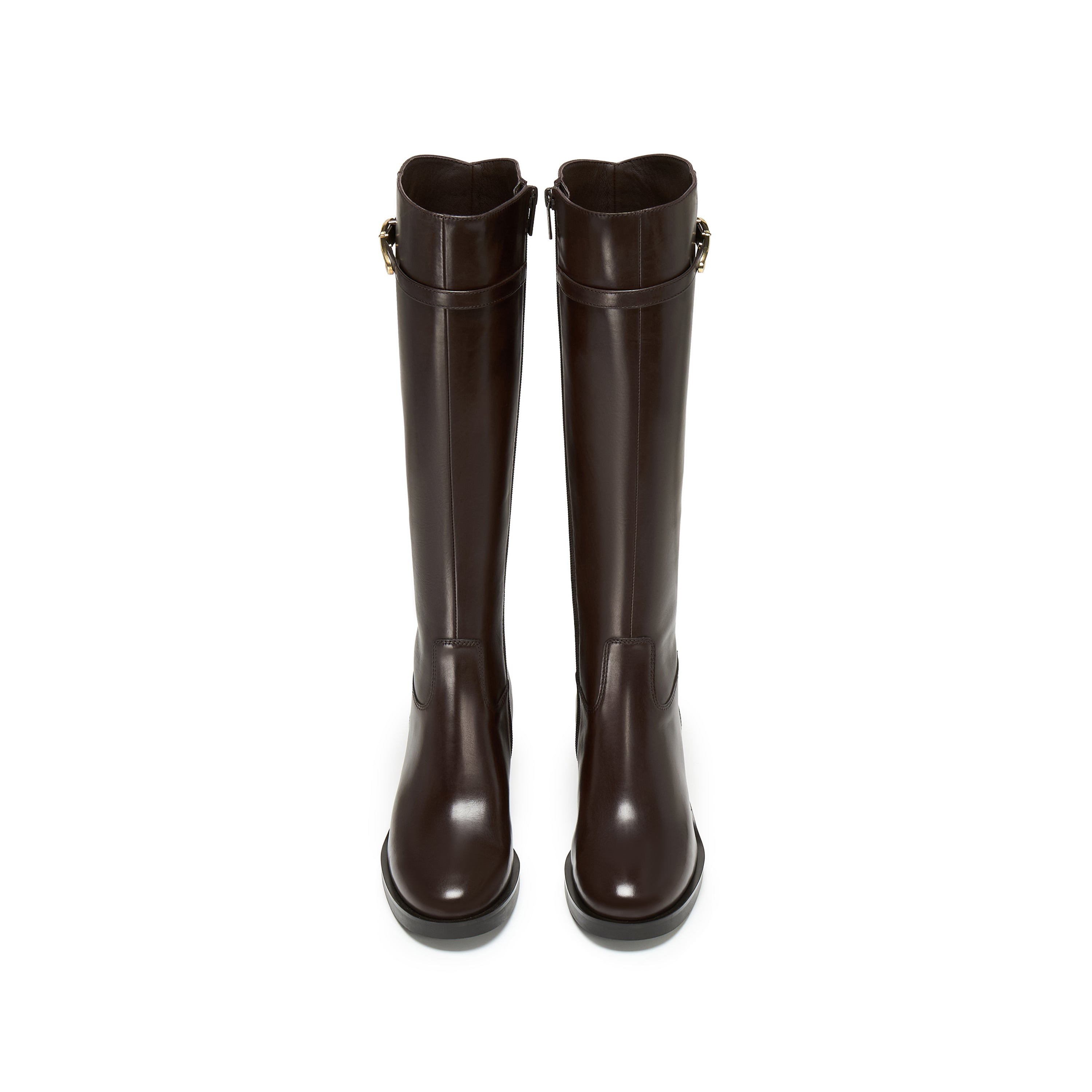 Dark Brown Leather Oval Buckle Block Heel Riding Boots